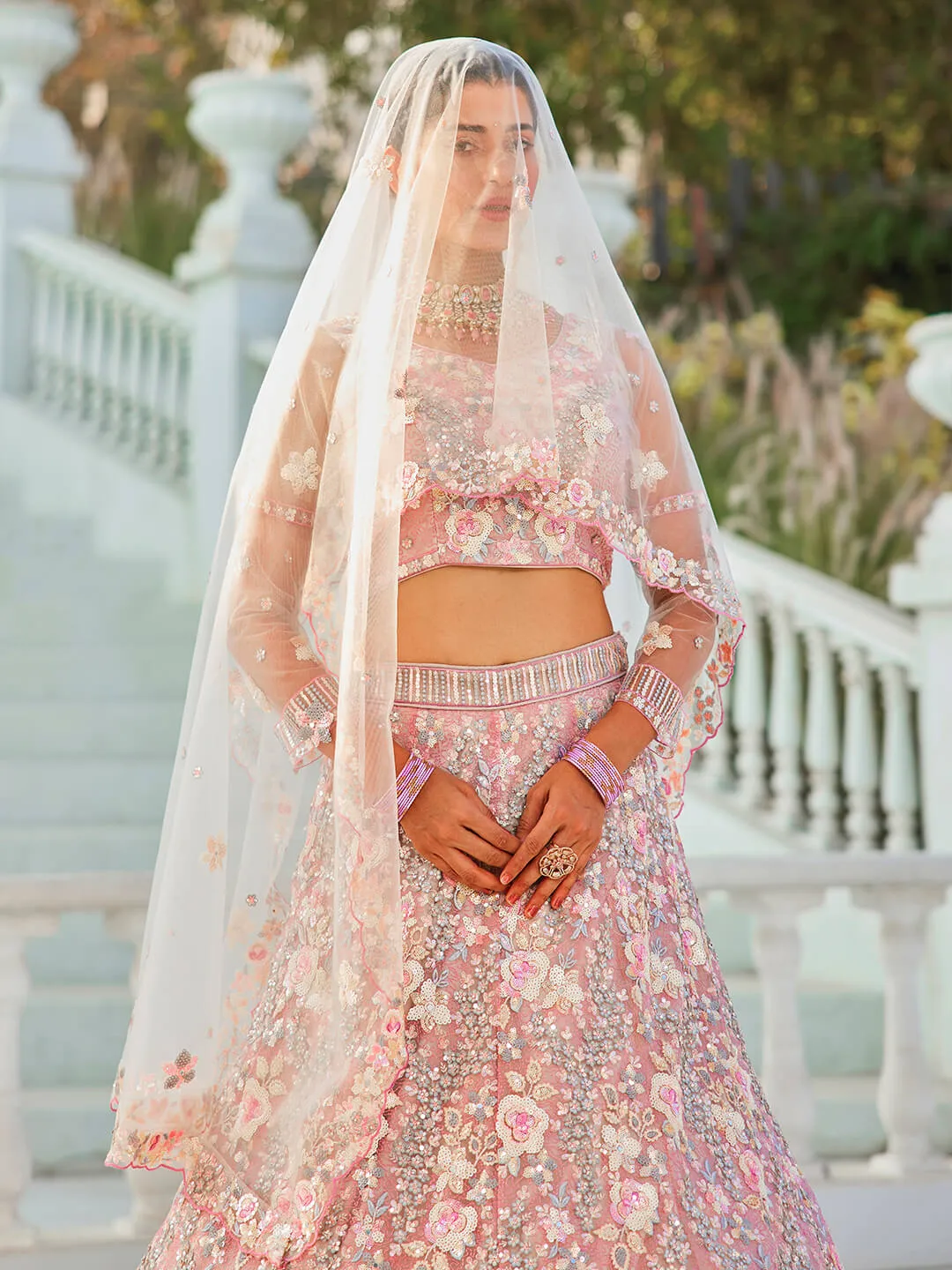 Net with Sequins & Zarkan Embroidery Lehenga, Choli & Dupatta
