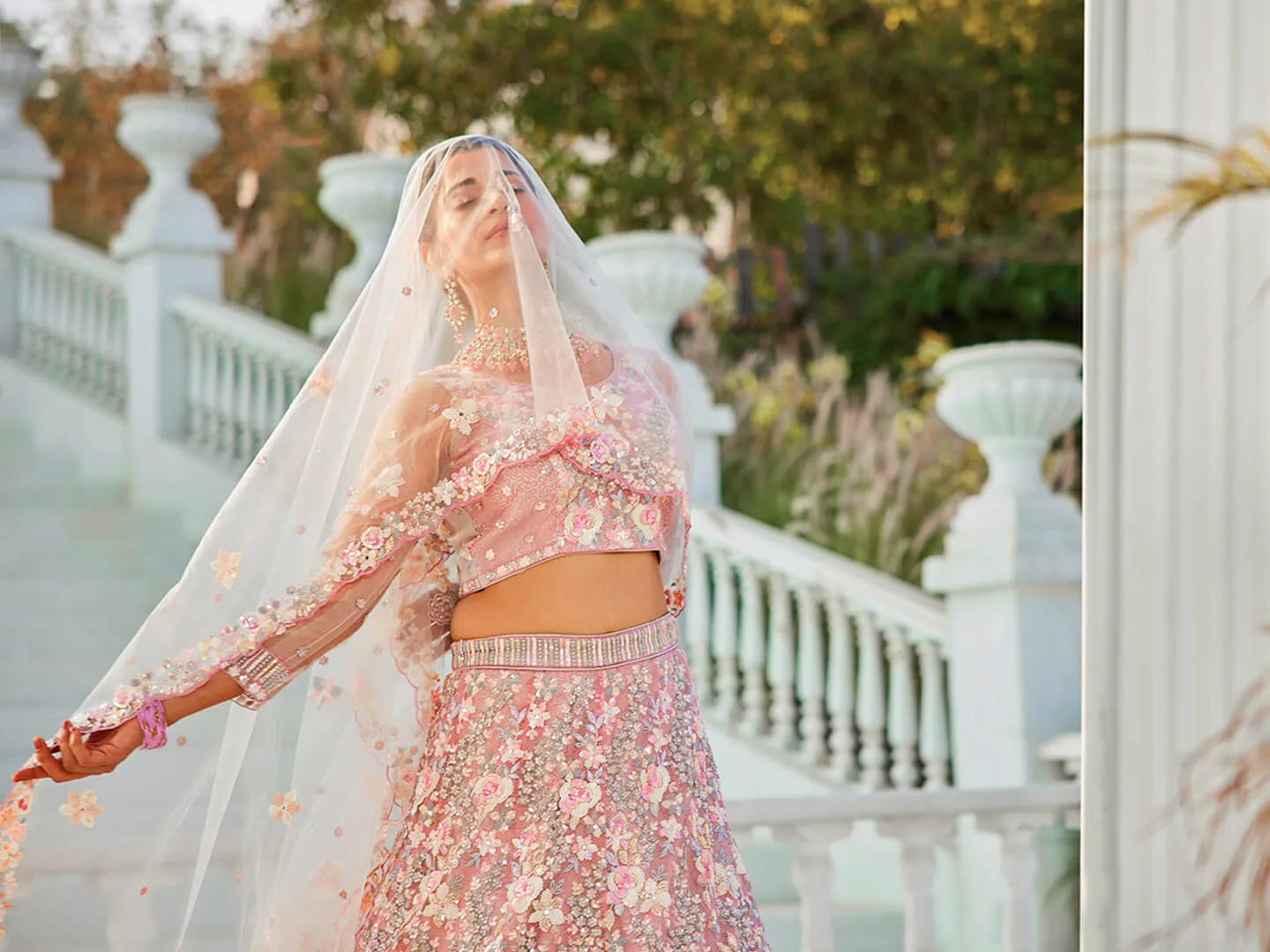 Net with Sequins & Zarkan Embroidery Lehenga, Choli & Dupatta