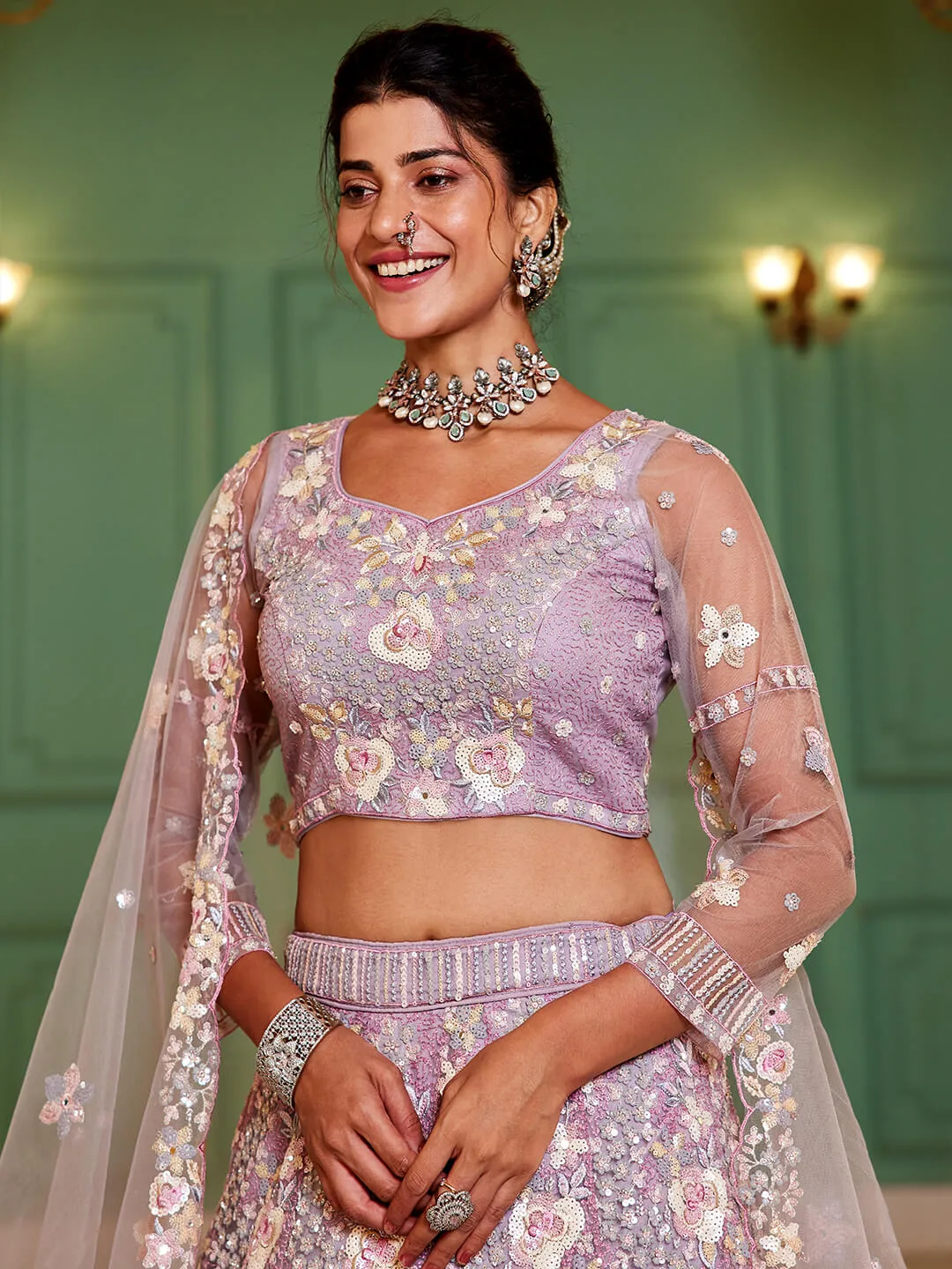 Net with Sequins & Zarkan Embroidery Lehenga, Choli & Dupatta