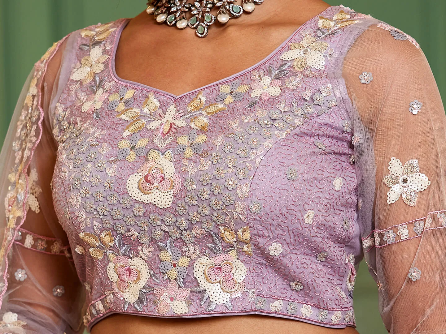 Net with Sequins & Zarkan Embroidery Lehenga, Choli & Dupatta