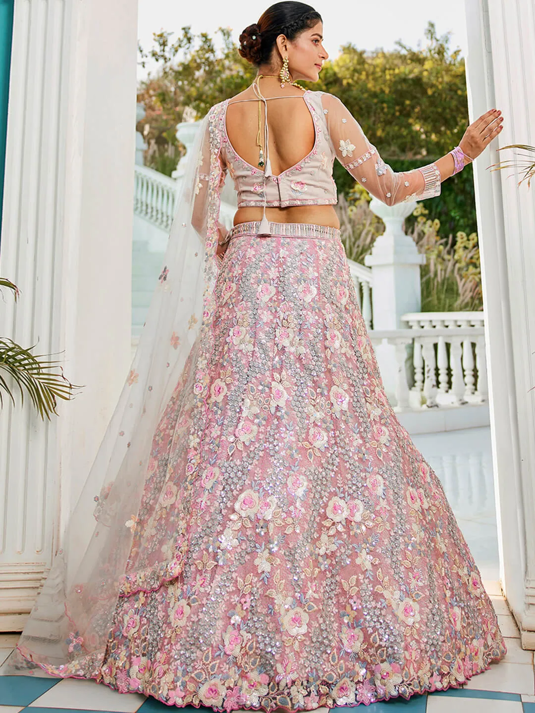Net with Sequins & Zarkan Embroidery Lehenga, Choli & Dupatta