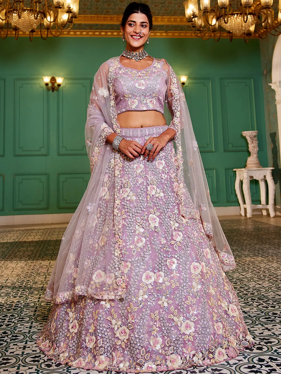 Net with Sequins & Zarkan Embroidery Lehenga, Choli & Dupatta