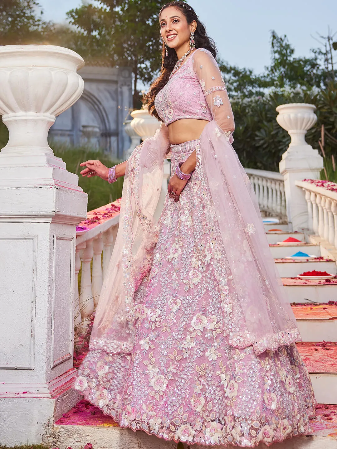Net with Sequins & Zarkan Embroidery Lehenga, Choli & Dupatta