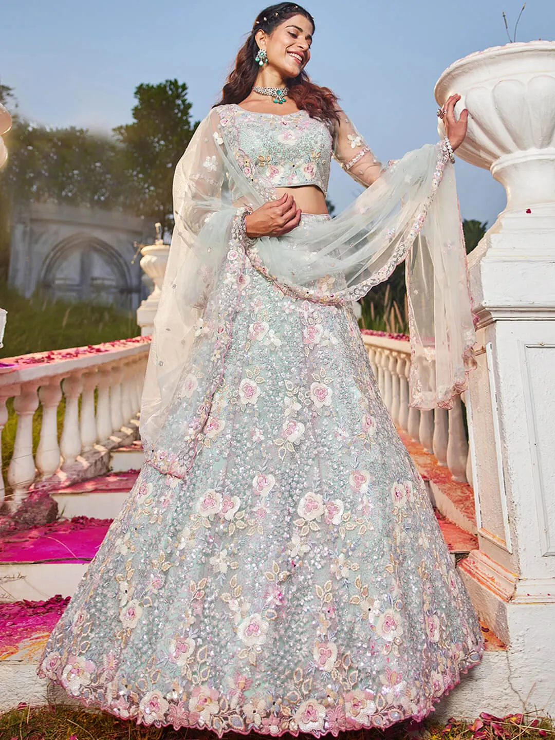 Net with Sequins & Zarkan Embroidery Lehenga, Choli & Dupatta