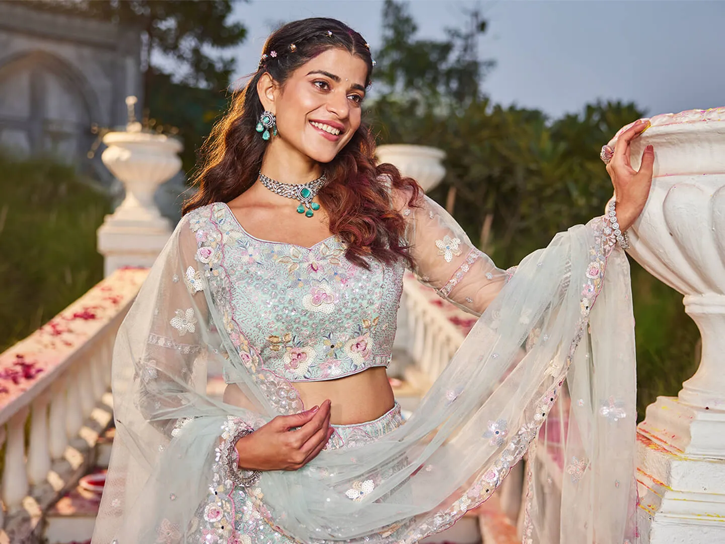 Net with Sequins & Zarkan Embroidery Lehenga, Choli & Dupatta