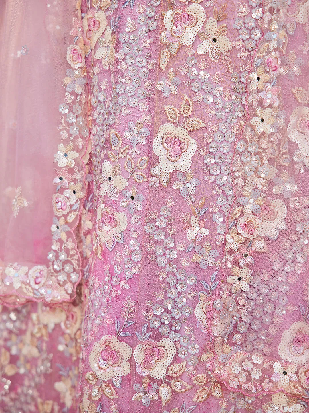 Net with Sequins & Zarkan Embroidery Lehenga, Choli & Dupatta