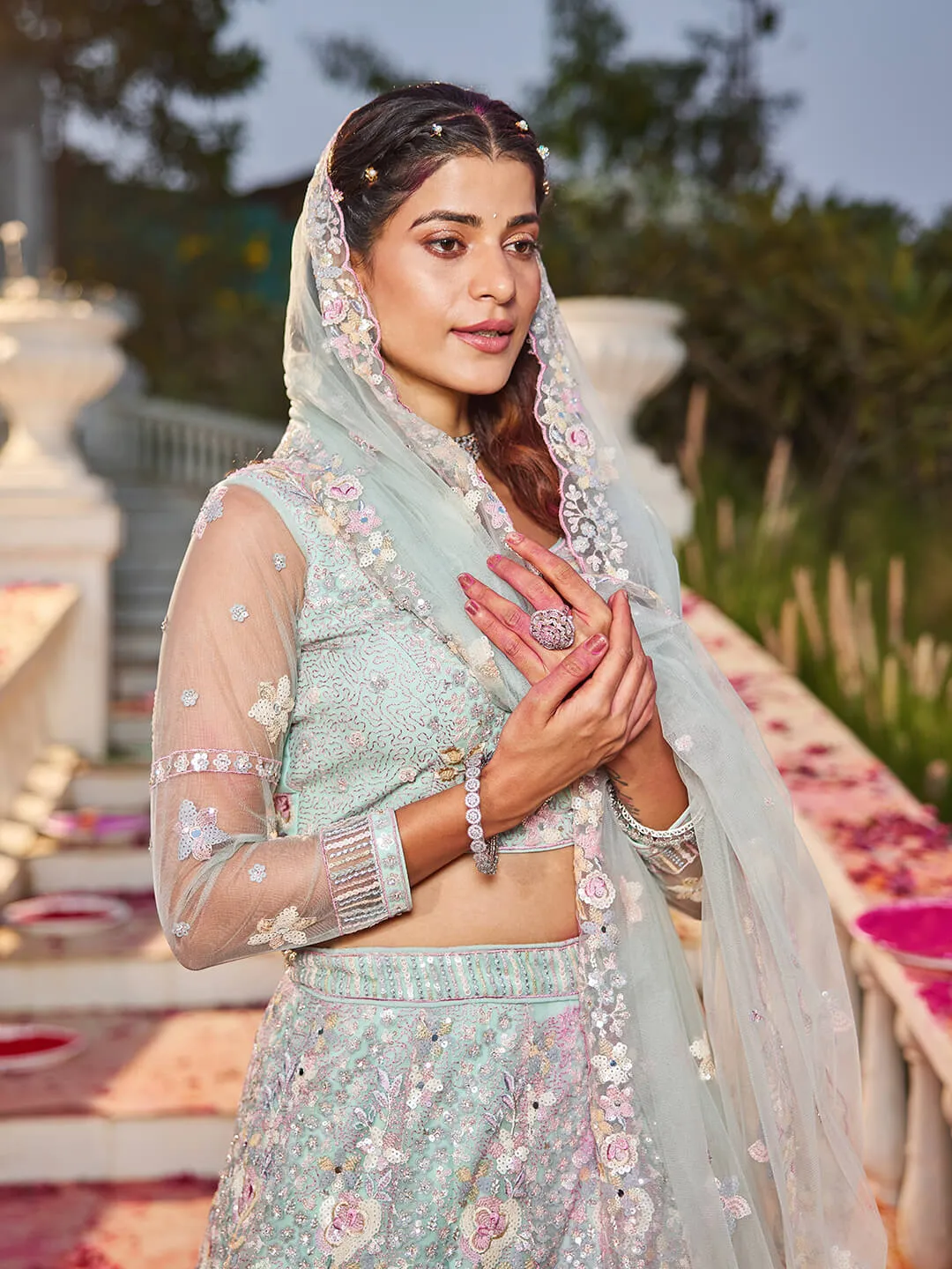 Net with Sequins & Zarkan Embroidery Lehenga, Choli & Dupatta