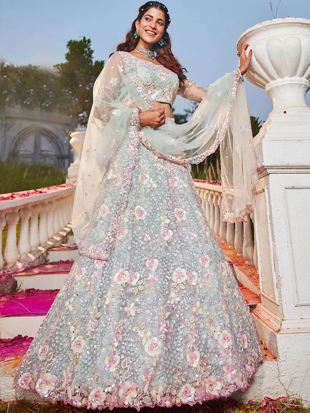 Net with Sequins & Zarkan Embroidery Lehenga, Choli & Dupatta