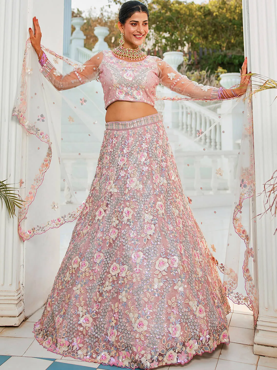 Net with Sequins & Zarkan Embroidery Lehenga, Choli & Dupatta