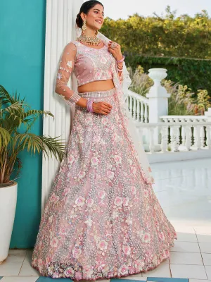 Net with Sequins & Zarkan Embroidery Lehenga, Choli & Dupatta