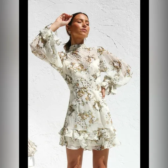 NWT PETAL &amp; PUP Floral Ruffle Long Sleeve High Neck Mini Dress