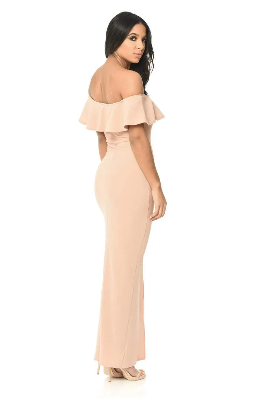 Off The Shoulder Blush Maxi Dress With Frilled Front And Thigh High Split