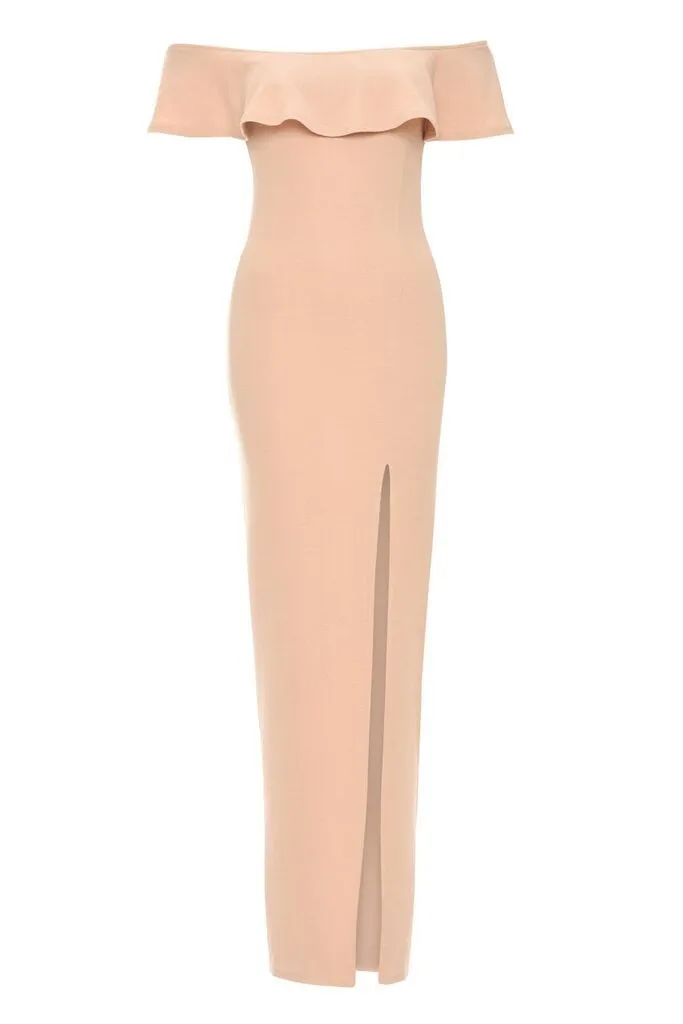 Off The Shoulder Blush Maxi Dress With Frilled Front And Thigh High Split
