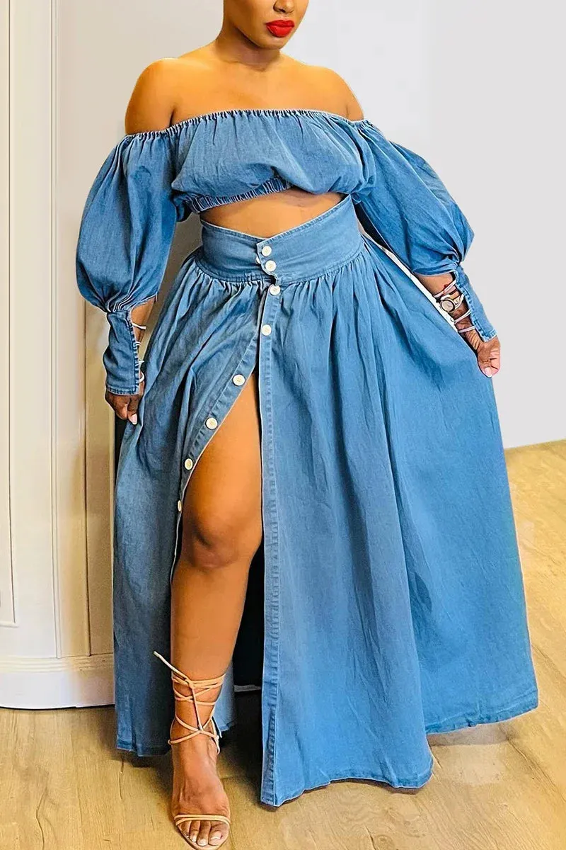 Off The Shoulder Split Button Demin Matching Set