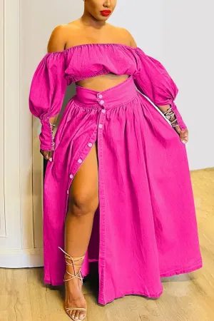 Off The Shoulder Split Button Demin Matching Set