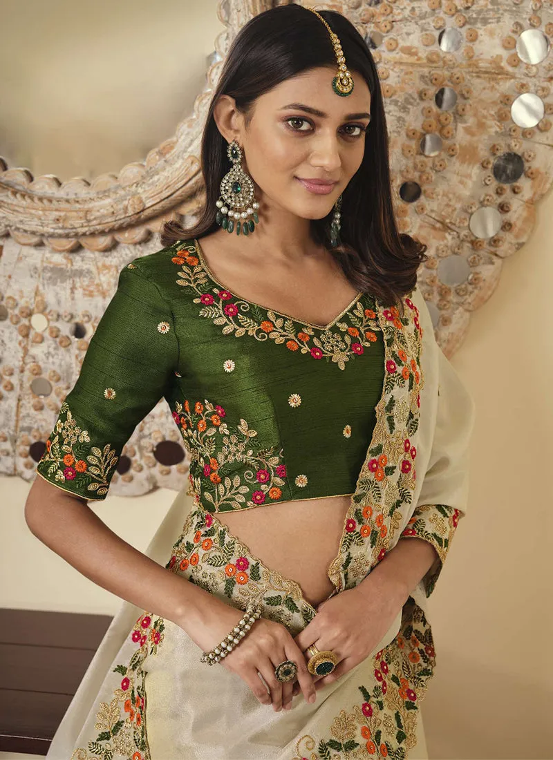 Off White And Green Embroidered Party Wear Saree