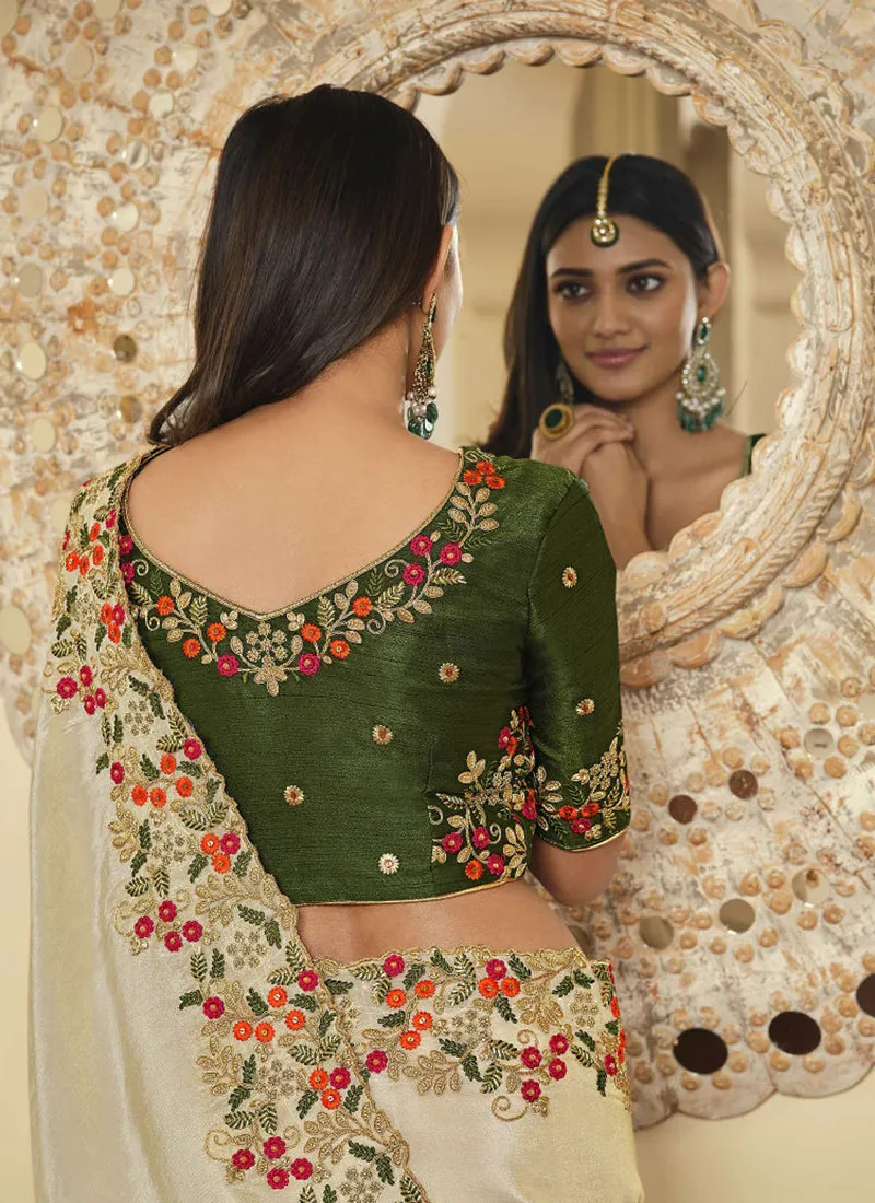 Off White And Green Embroidered Party Wear Saree