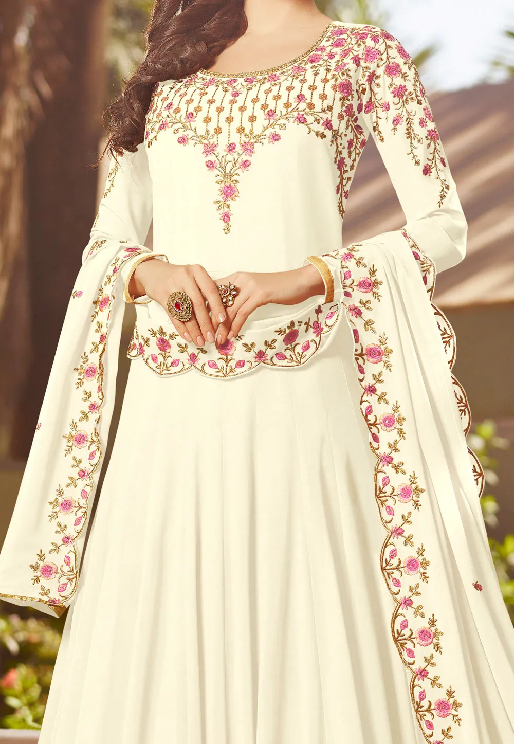 Off White With Multi Embroidered Georgette Anarkali Suit