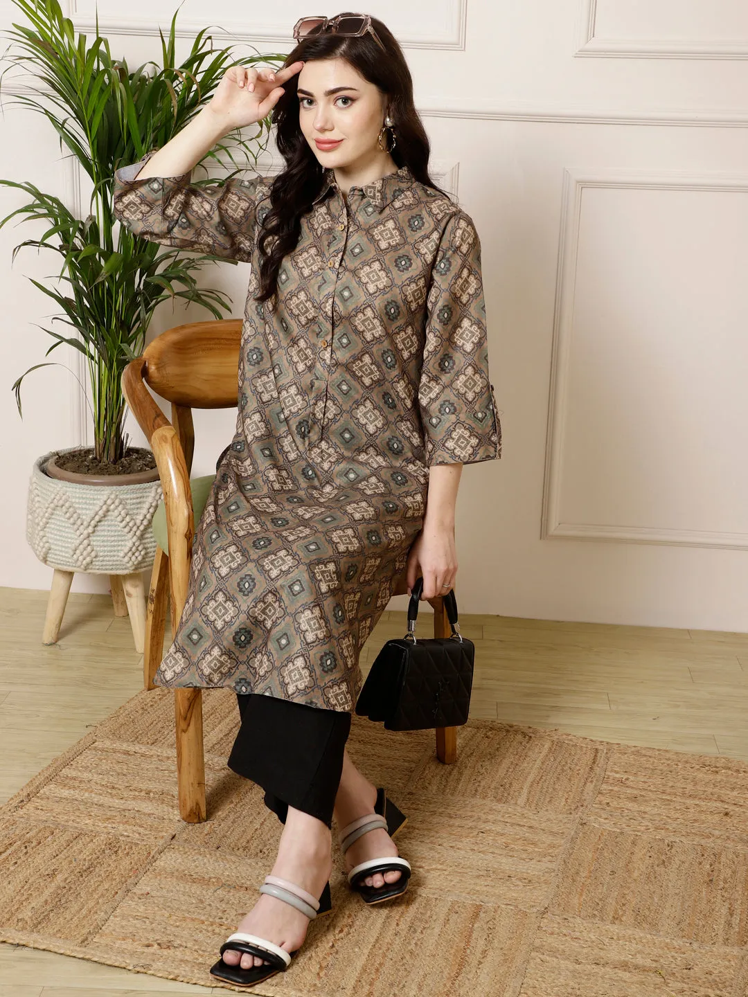 Olive Green Ethnic Motif Straight Kurta
