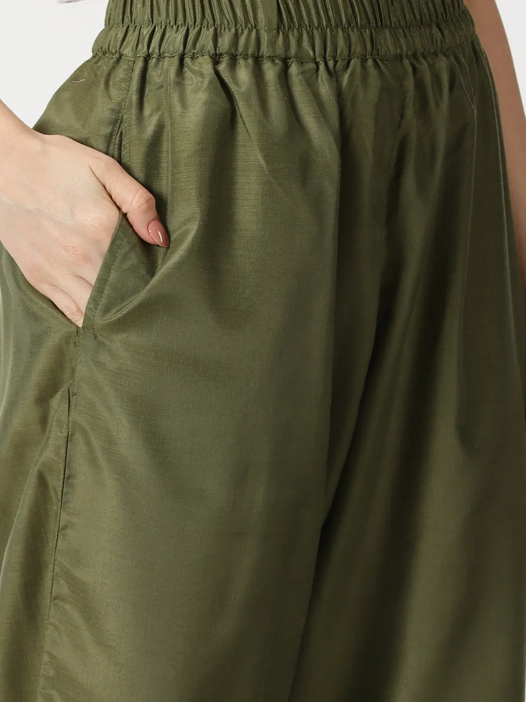 Olive Green Ethnic Motifs Gold Printed Kurta with Trousers & Dupatta