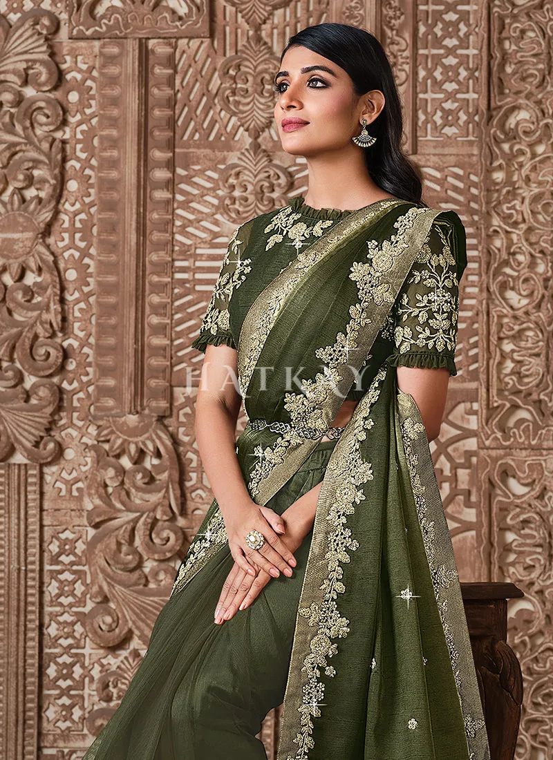 Olive Green Traditional Zari Embroidered Party Wear Saree