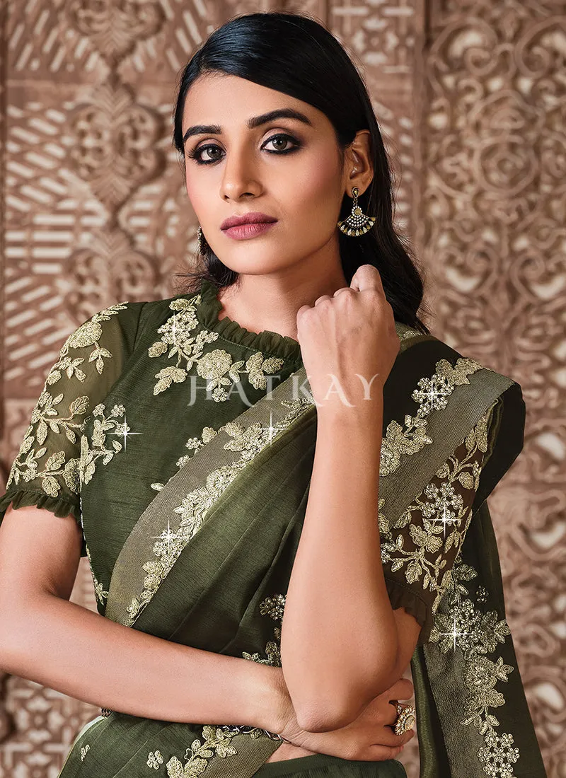 Olive Green Traditional Zari Embroidered Party Wear Saree