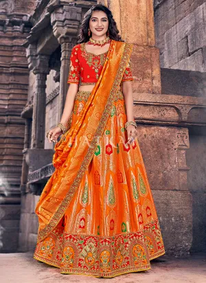 Orange And Red Multi Embroidery Wedding Lehenga Choli