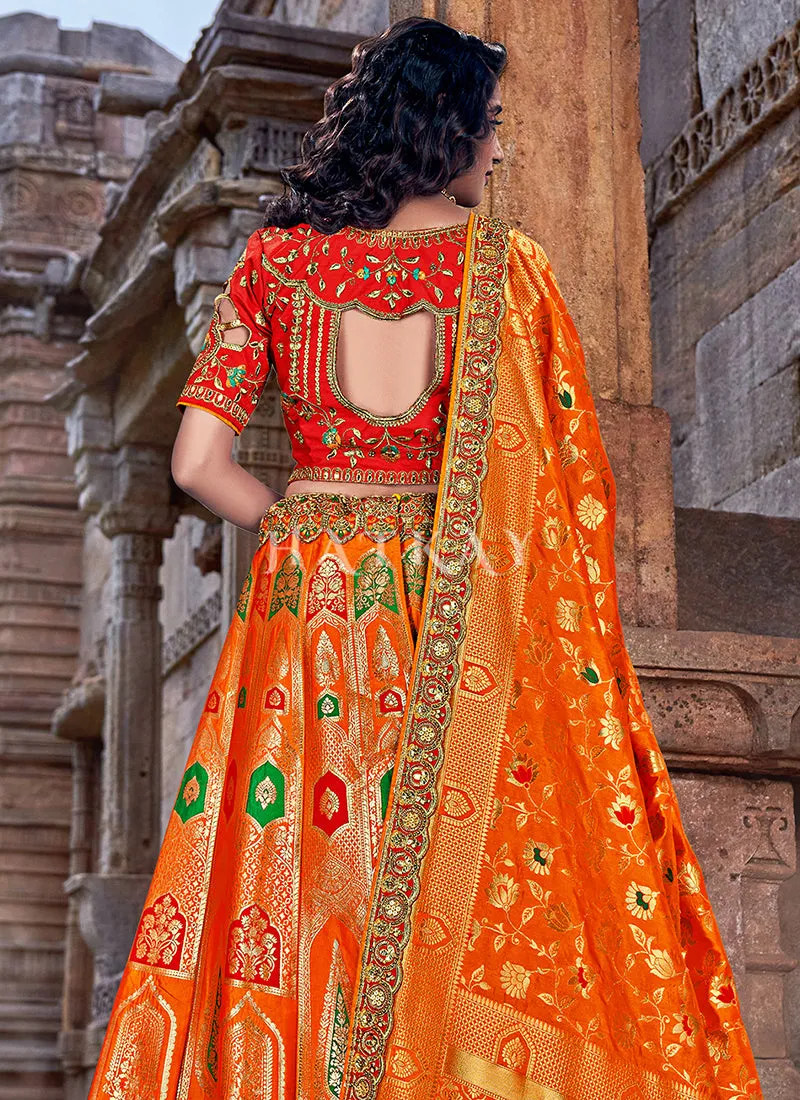 Orange And Red Multi Embroidery Wedding Lehenga Choli