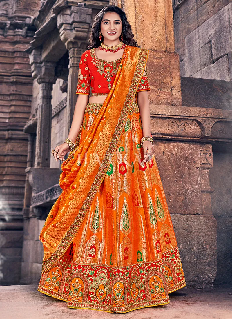 Orange And Red Multi Embroidery Wedding Lehenga Choli