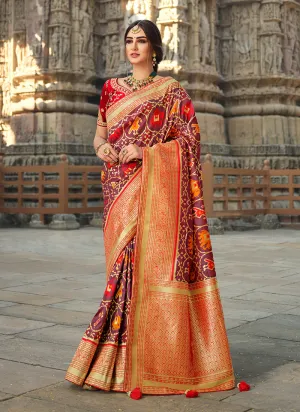 Orange And Red Traditional Embroidered Silk Saree