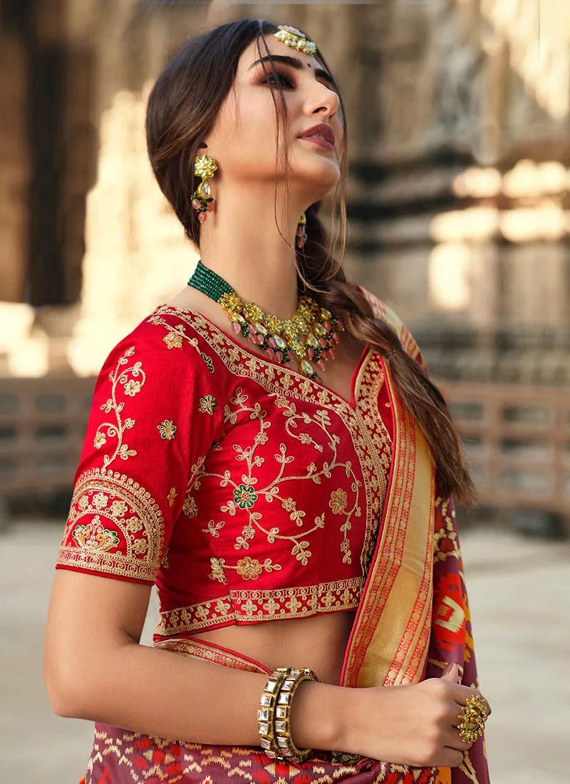 Orange And Red Traditional Embroidered Silk Saree