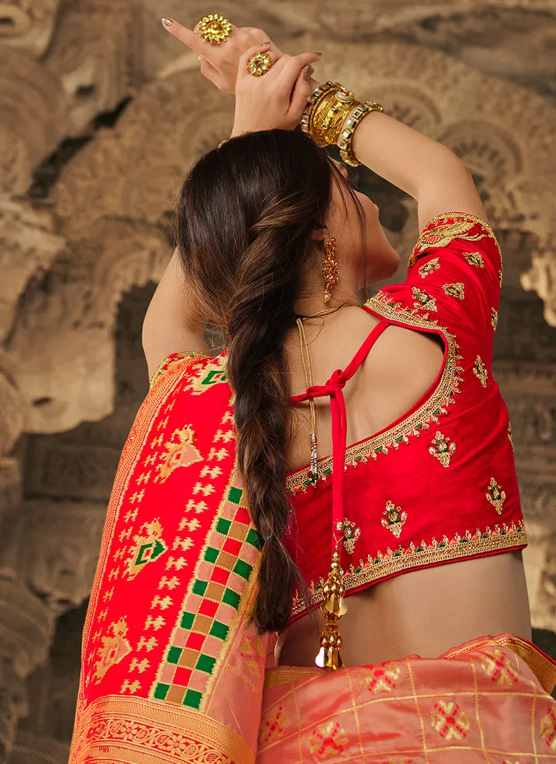 Orange And Red Traditional Embroidered Silk Saree