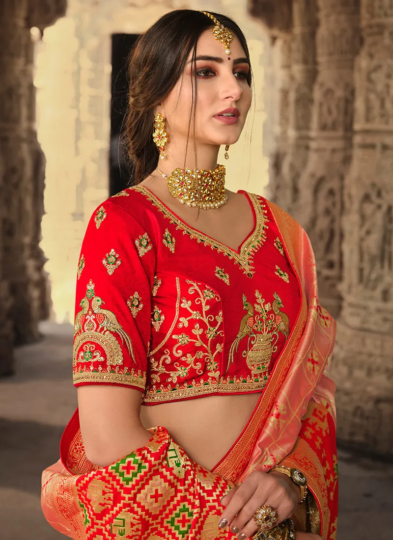 Orange And Red Traditional Embroidered Silk Saree