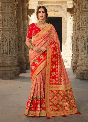 Orange And Red Traditional Embroidered Silk Saree