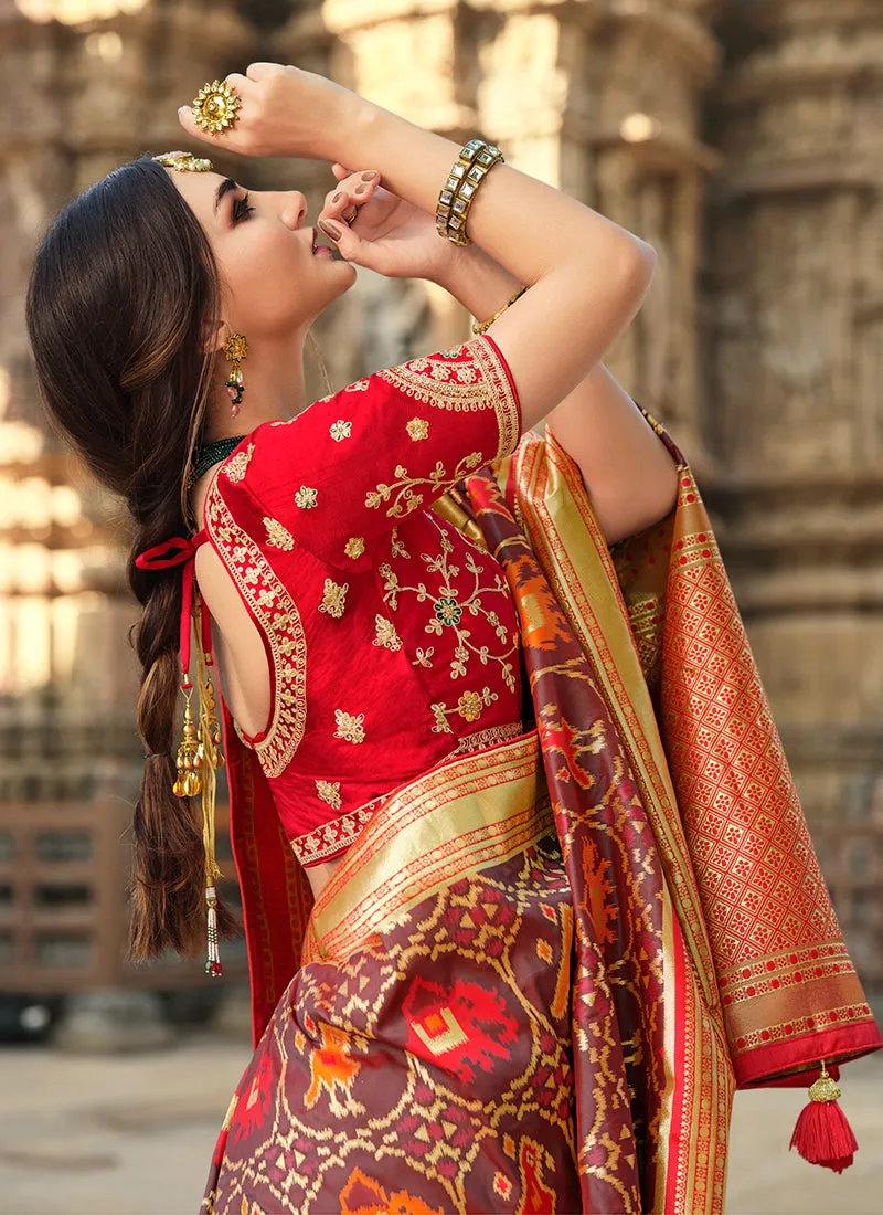 Orange And Red Traditional Embroidered Silk Saree
