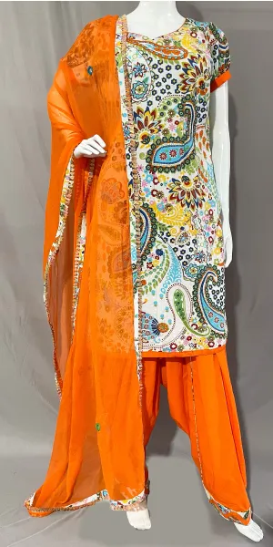 Orange and White Pure Cotton Patiala Salwar Suit