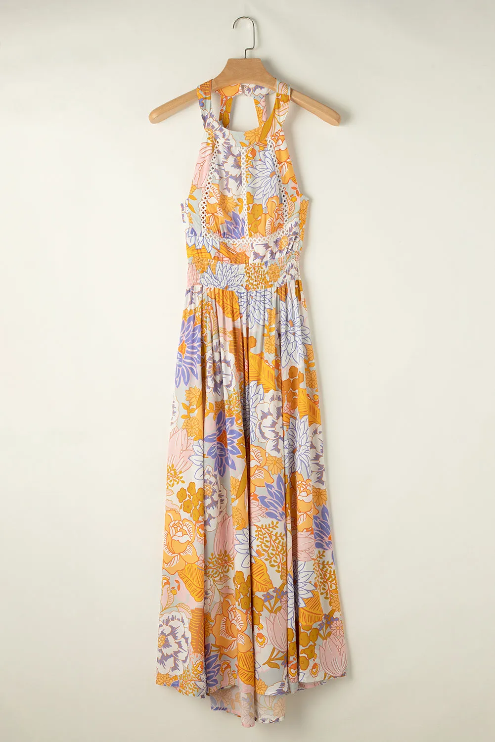 Orange Boho Floral Backless Lace up Sleeveless Maxi Dress