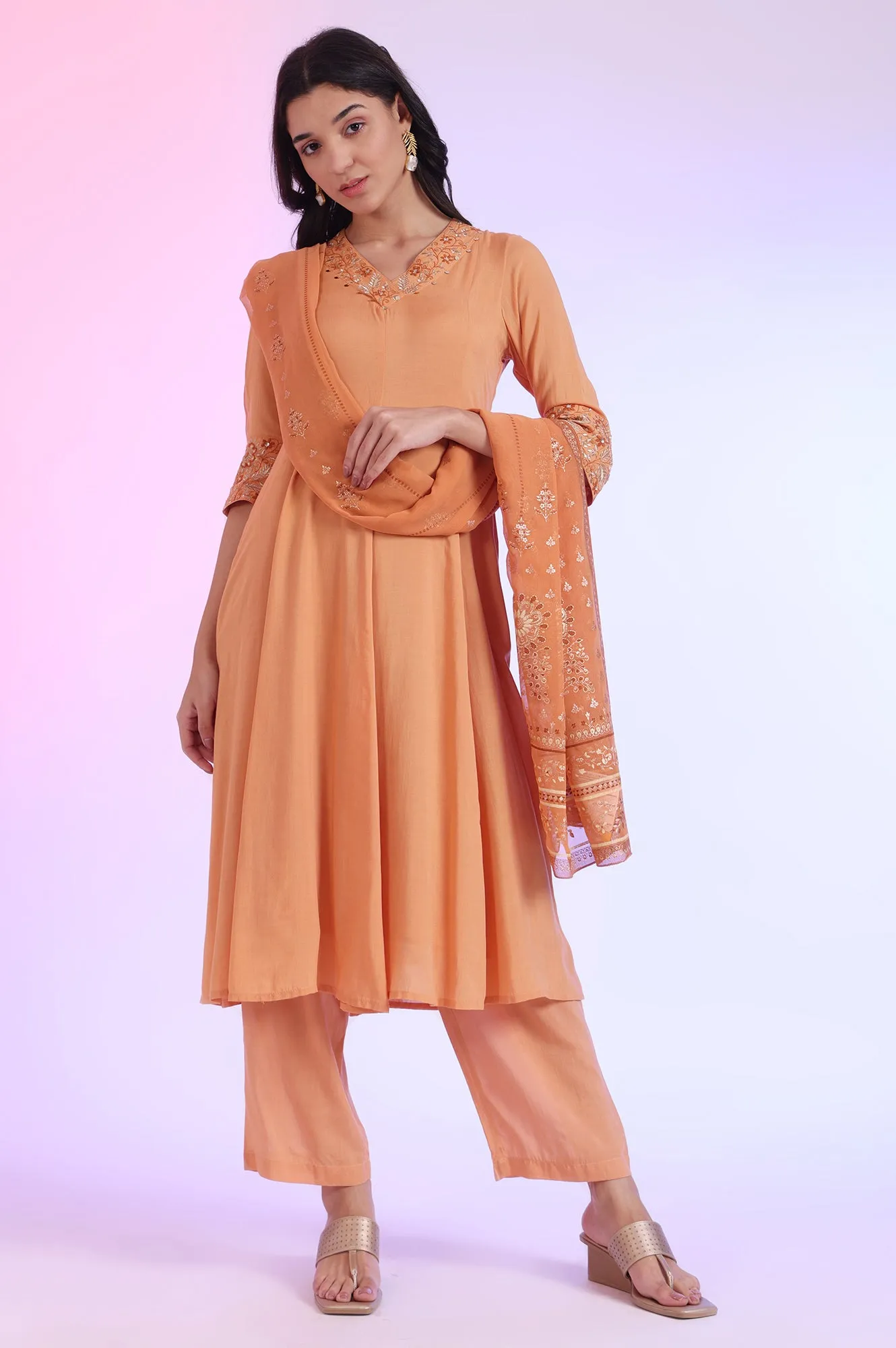 Orange Embroidered Anarkali with Palazzos & Dupatta Set