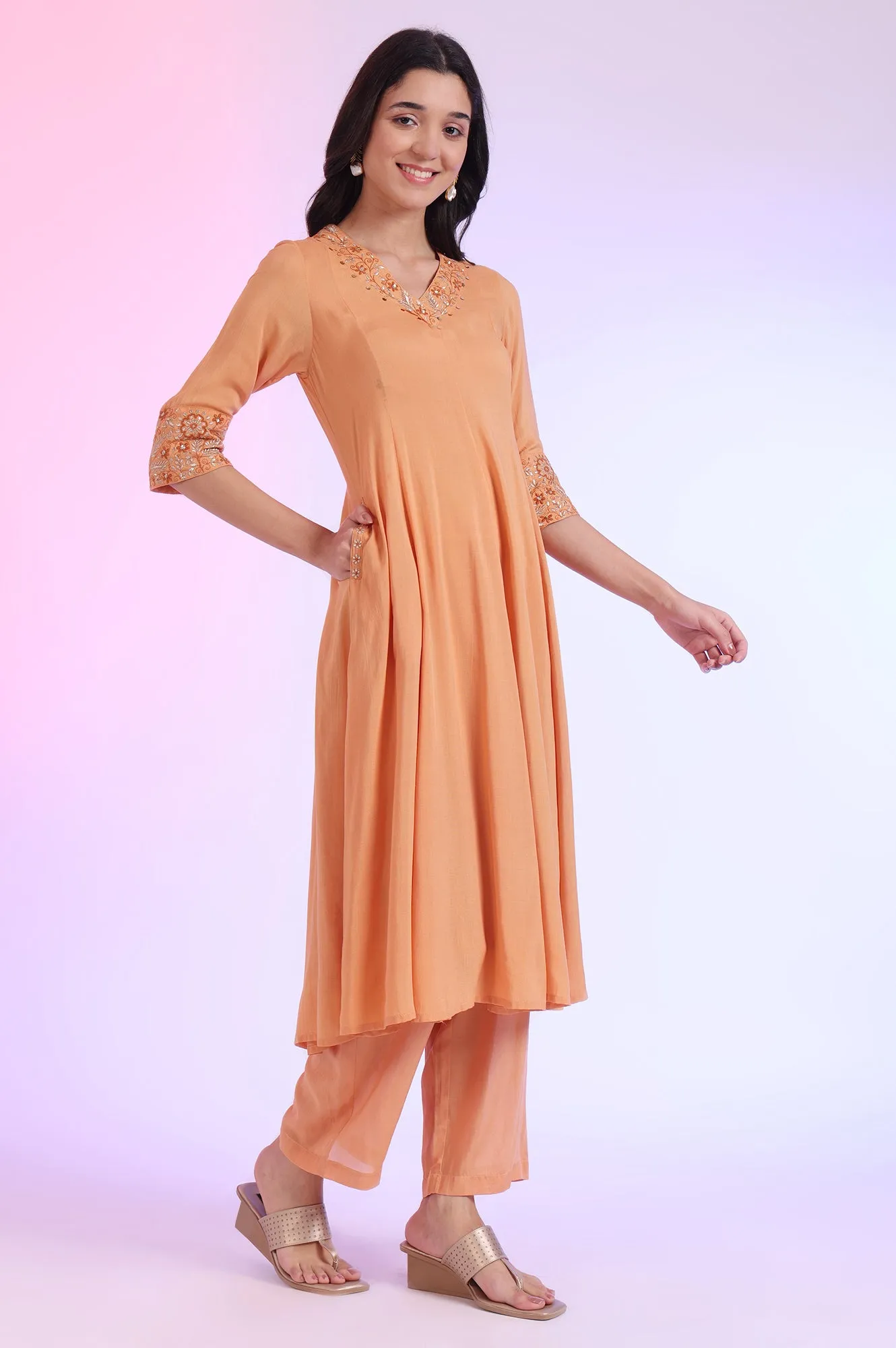 Orange Embroidered Anarkali with Palazzos & Dupatta Set