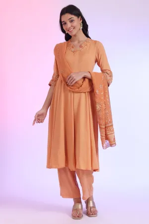 Orange Embroidered Anarkali with Palazzos & Dupatta Set