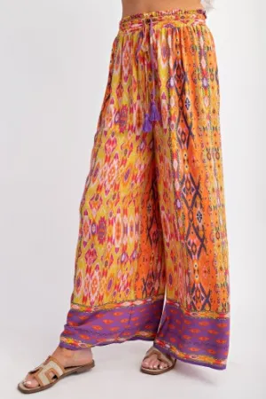 Orange Ethnic Mix Print Wide Leg Pant