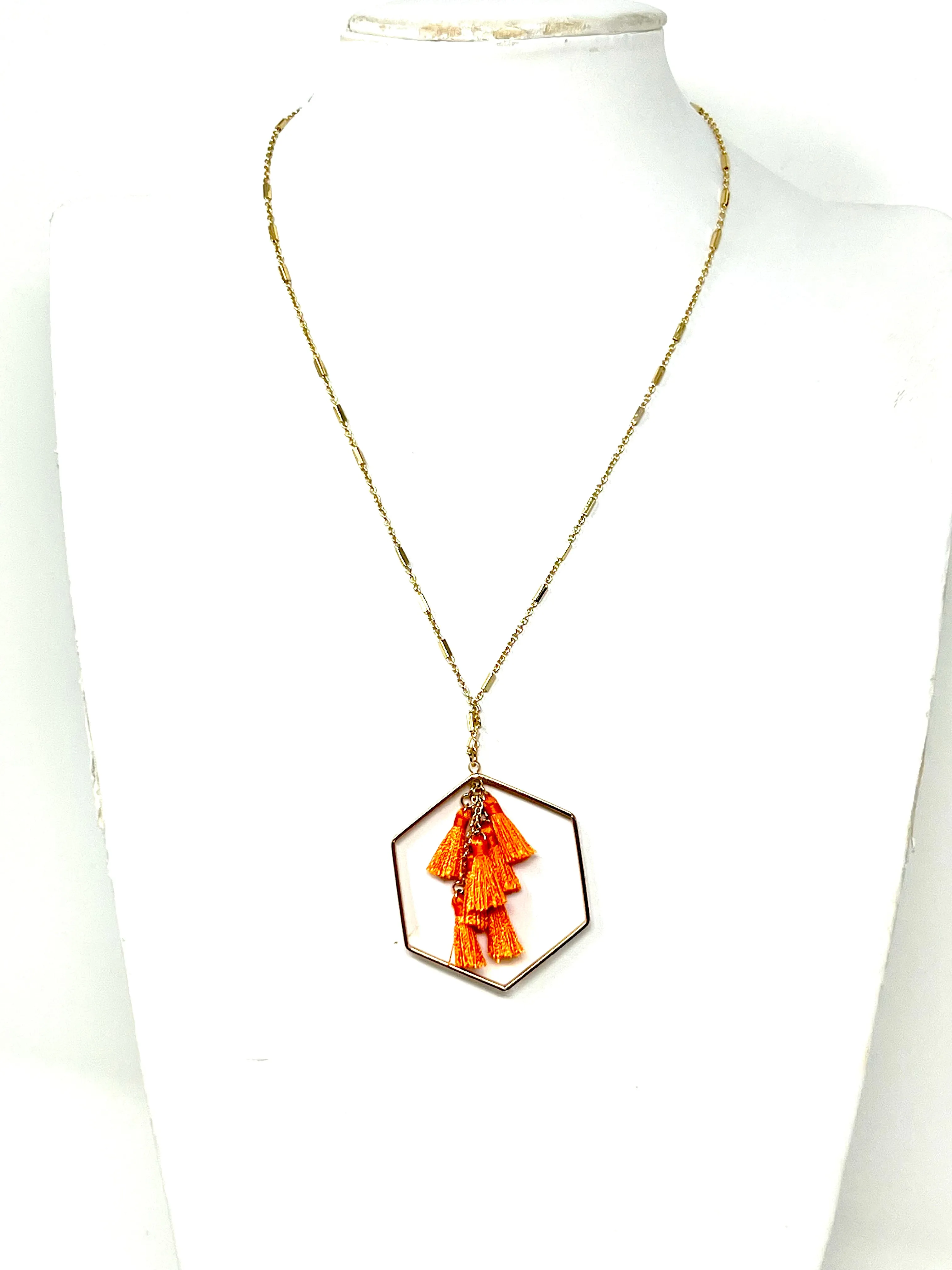 Orange Hexagon Tassel Long Necklace