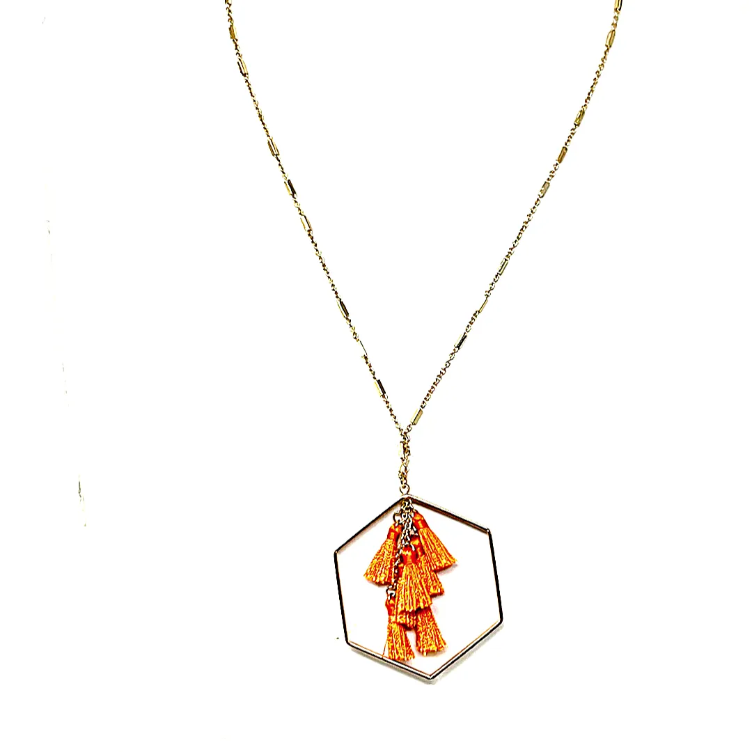 Orange Hexagon Tassel Long Necklace