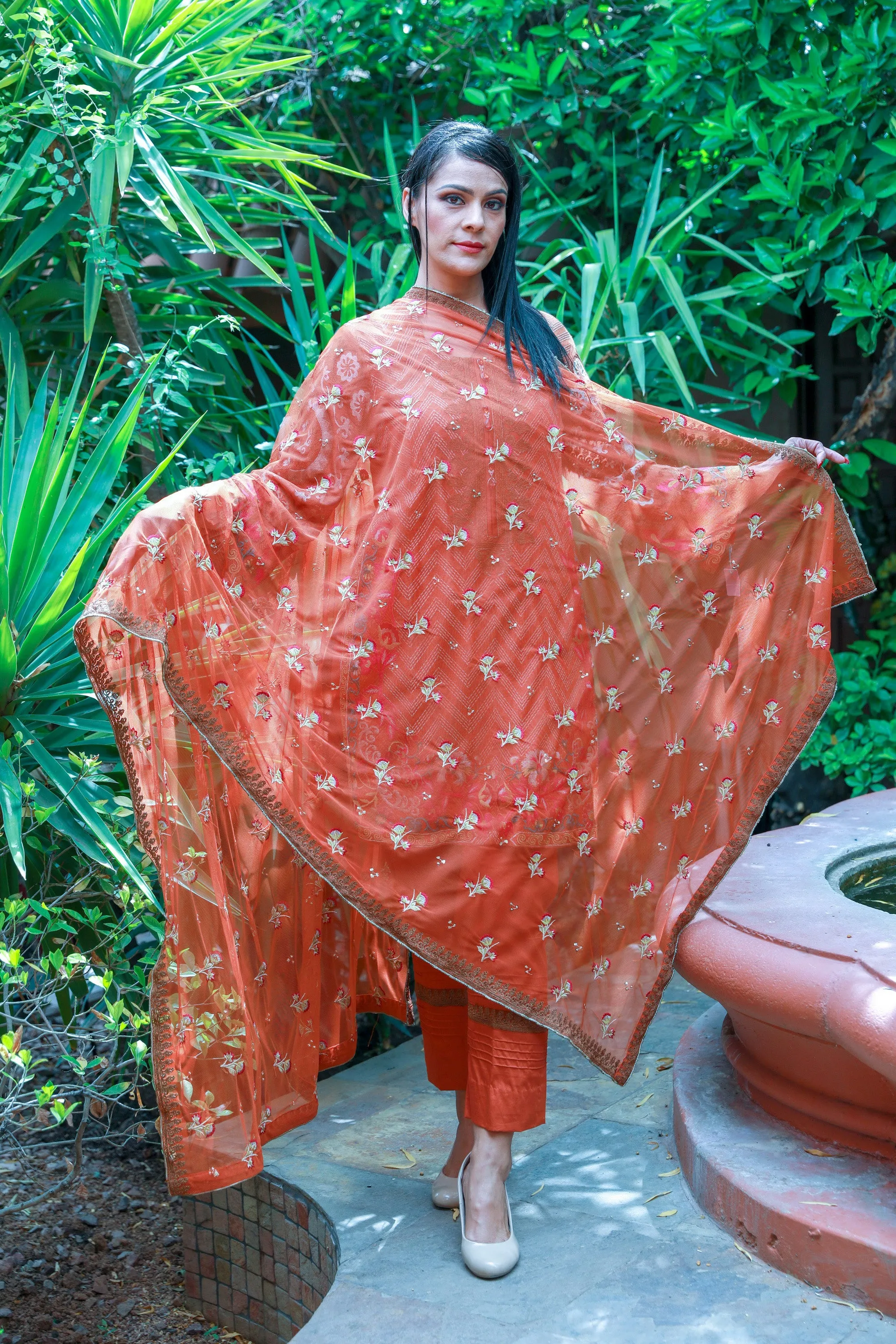 Orange Mysouri Cotton Net Suit - Salwar Kameez by Chaadi