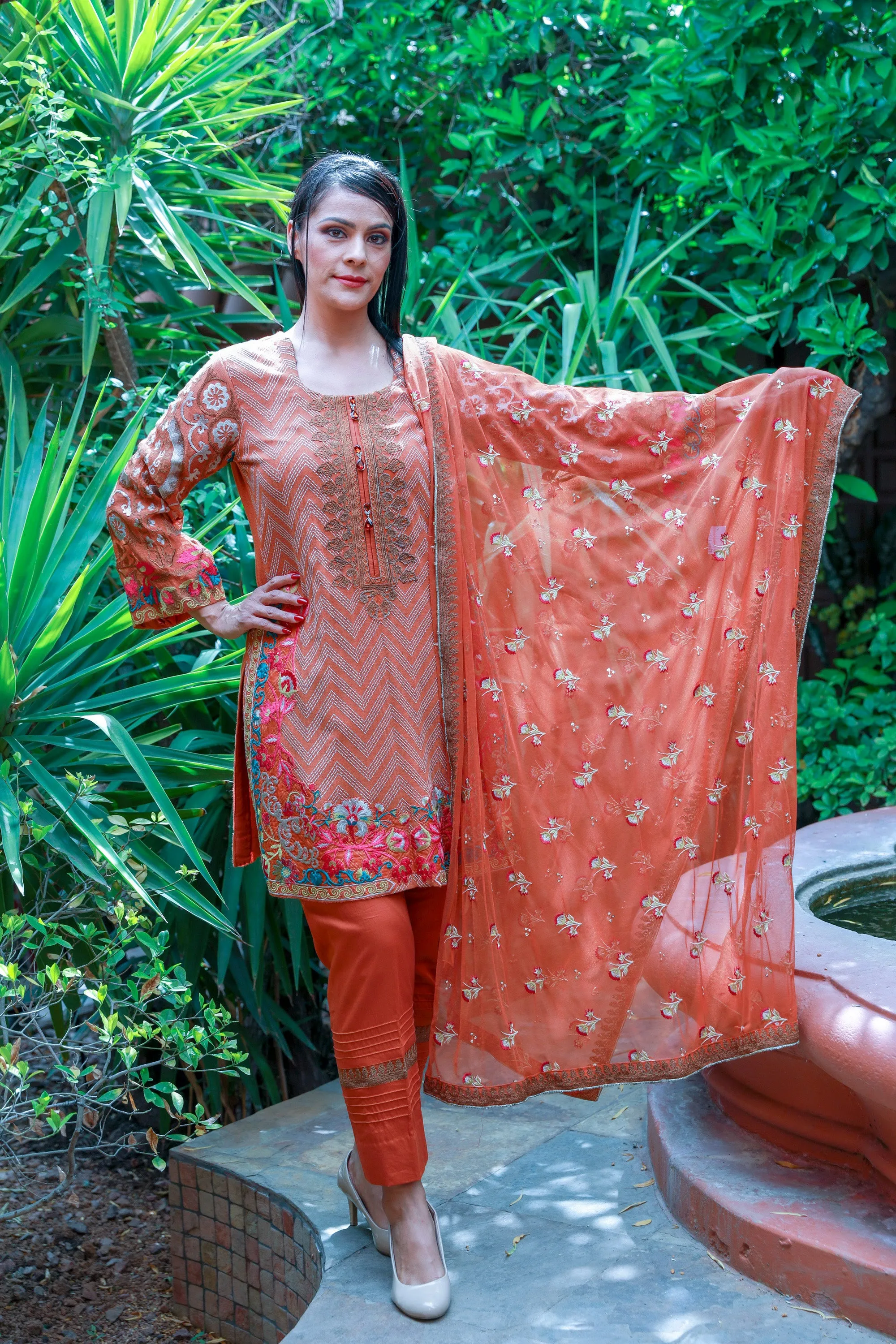 Orange Mysouri Cotton Net Suit - Salwar Kameez by Chaadi