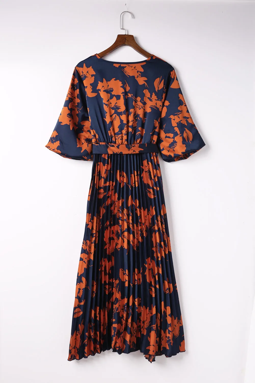 Orange V Neck Wrap Pleated Maxi Floral Dress with Tie