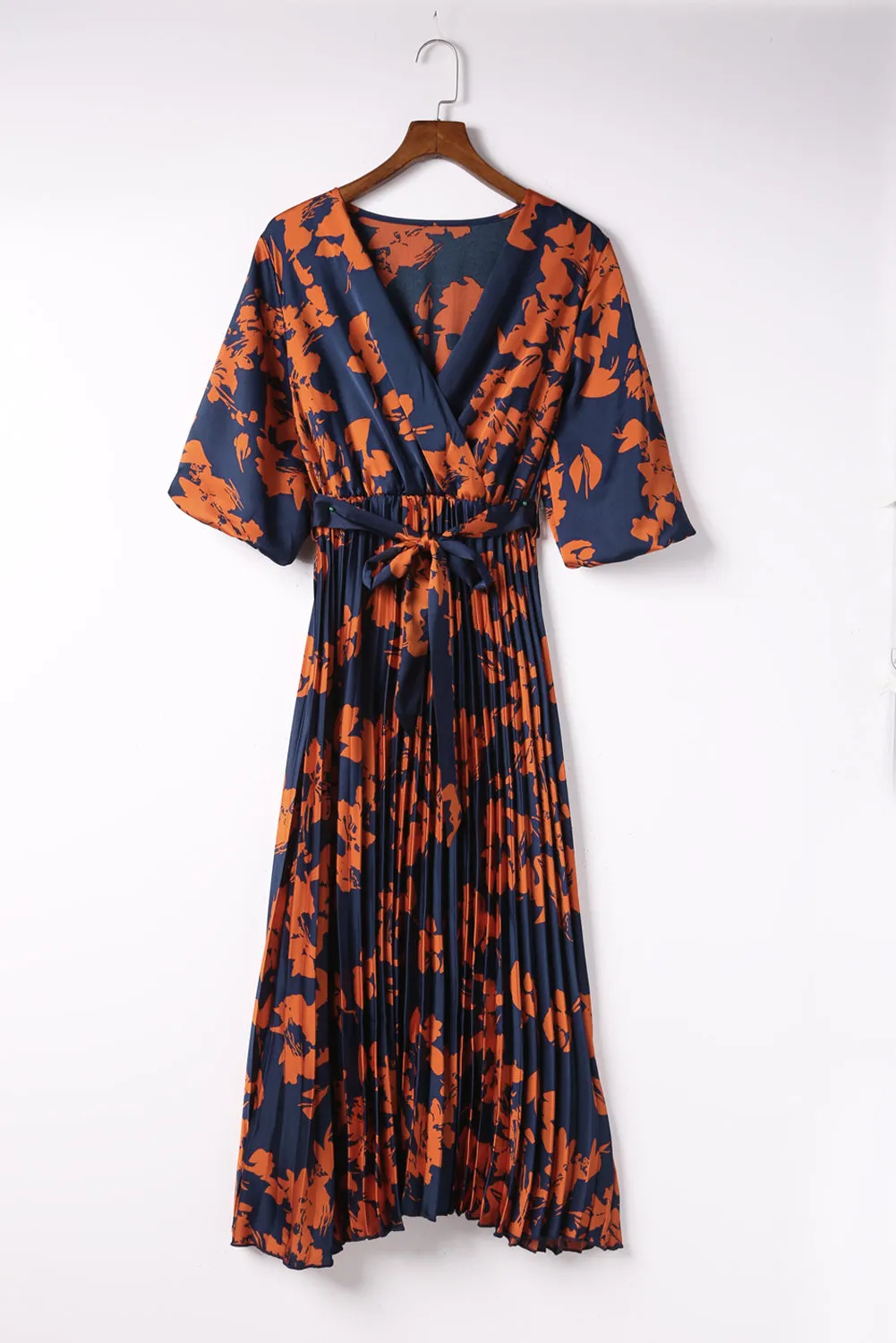 Orange V Neck Wrap Pleated Maxi Floral Dress with Tie