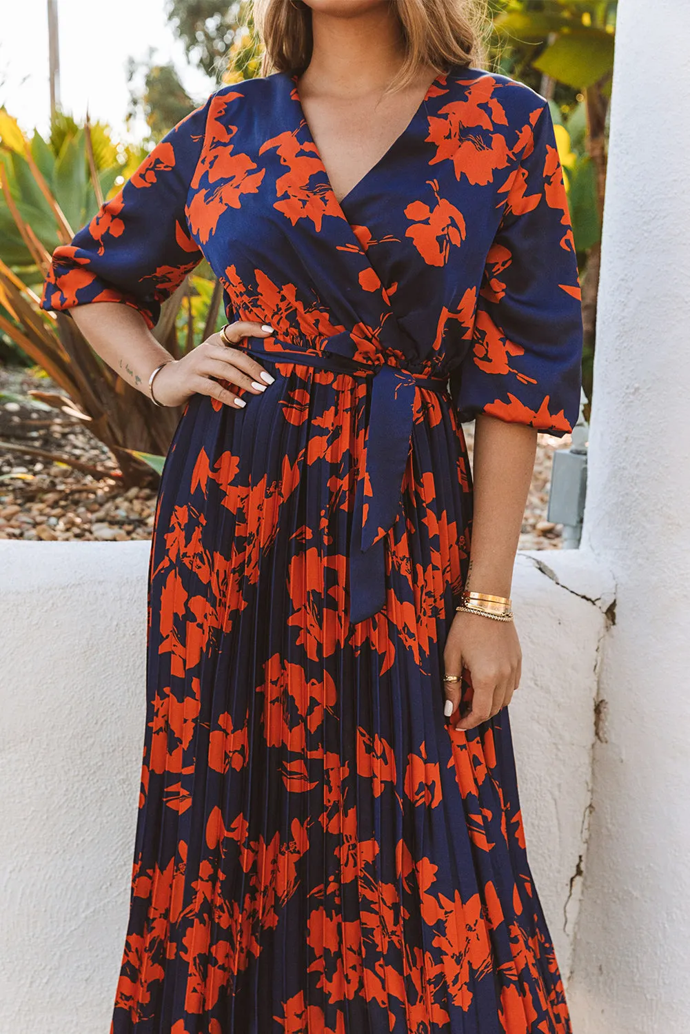 Orange V Neck Wrap Pleated Maxi Floral Dress with Tie