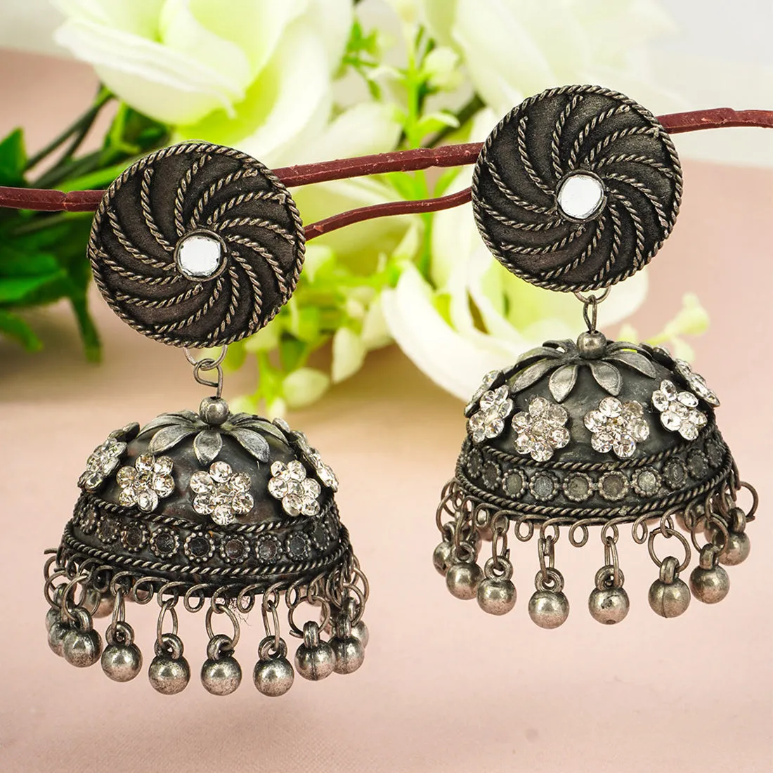 Oxidized Crystal Flower Jhumkas