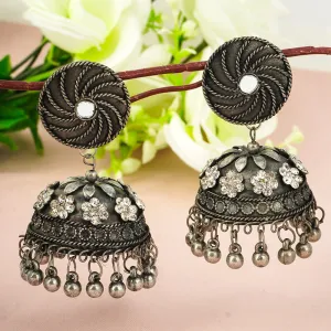 Oxidized Crystal Flower Jhumkas